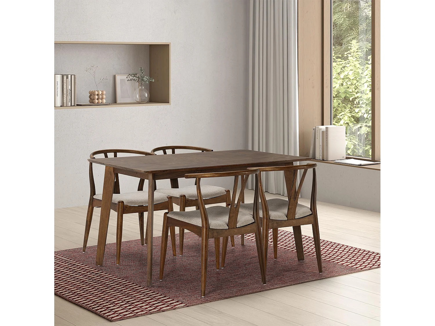 Juego de mesa 140x80 cm y 4 sillas de comedor Rustic color Nogal