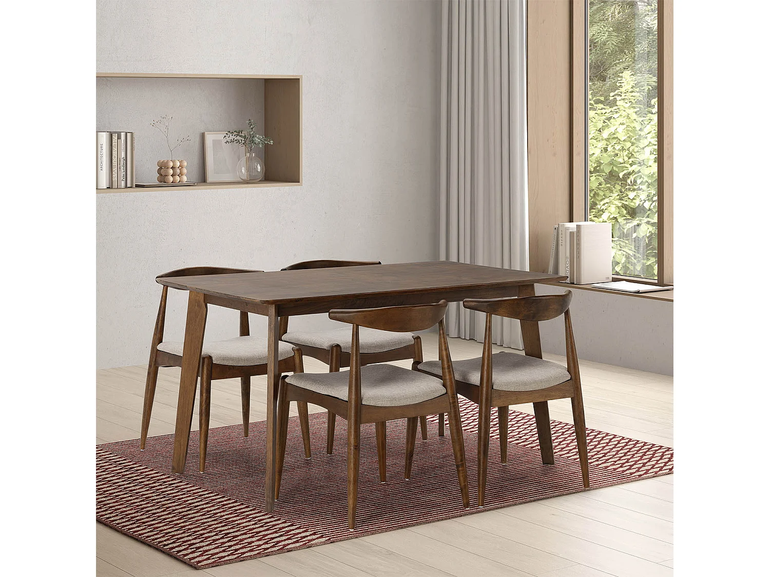 Juego de mesa 140x80 cm y 4 sillas de comedor Corzo color Nogal