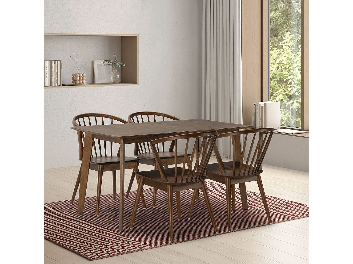 Juego de mesa 140x80 cm y 4 sillas de comedor Mura color Nogal