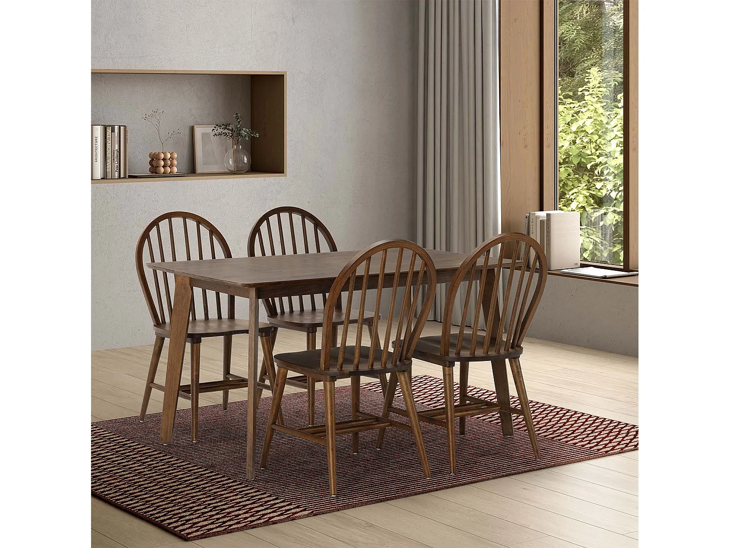 Juego de mesa 140x80 cm y 4 sillas de comedor Clarck color Nogal