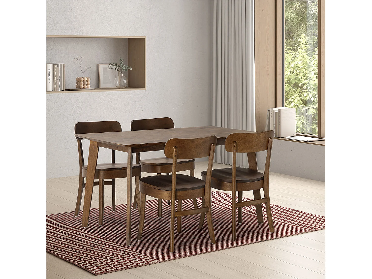 Juego de mesa 140x80 cm y 4 sillas de comedor Nala color Nogal