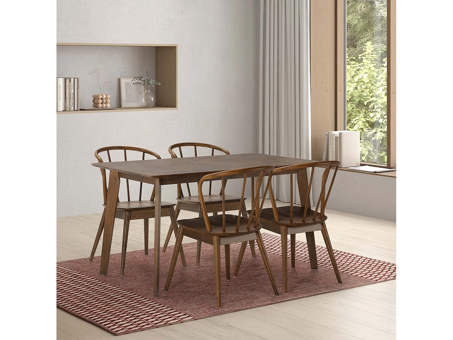 Juego de mesa 140x80 cm y 4 sillas de comedor Brisa color Nogal