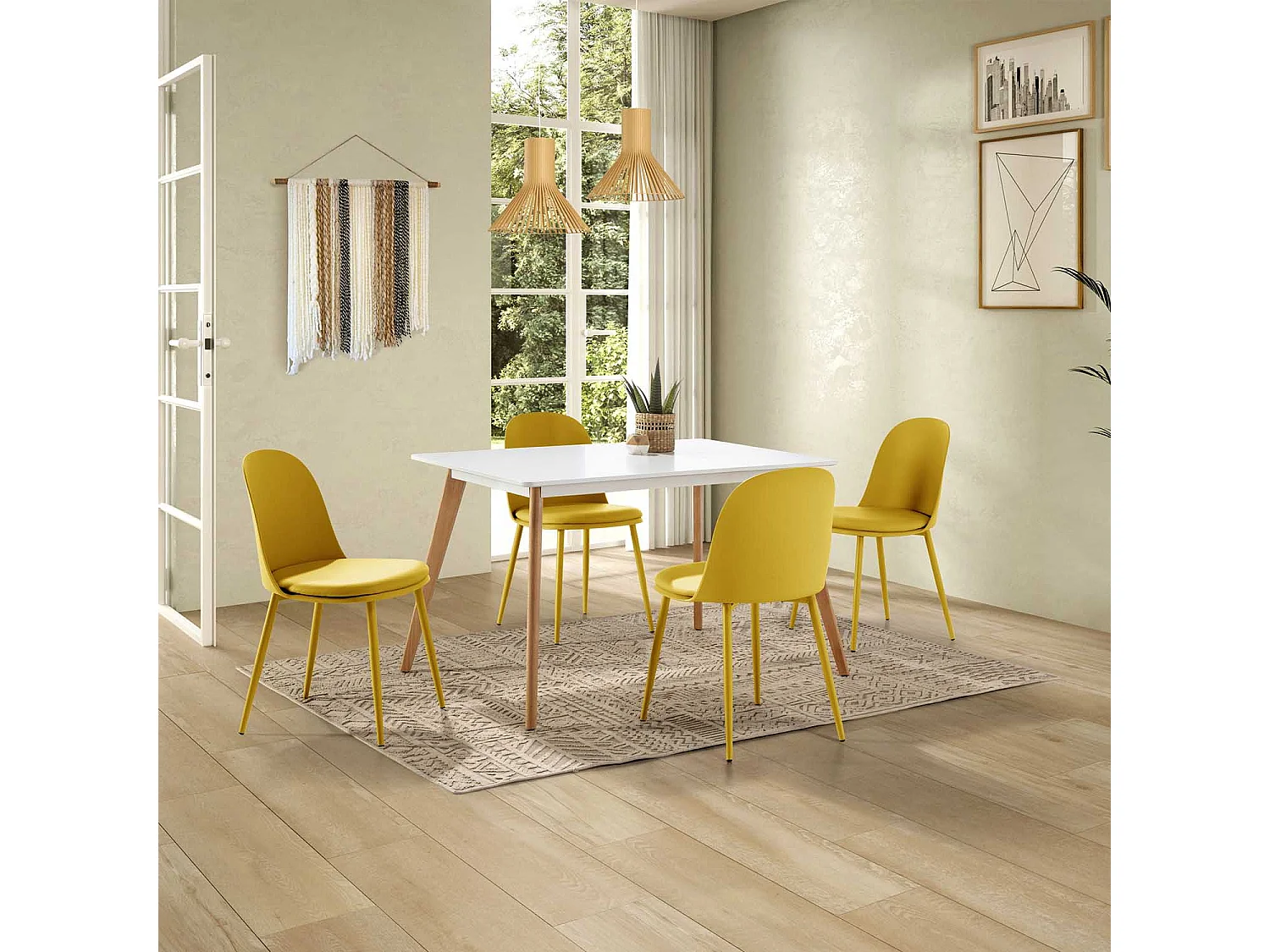 Juego de mesa 120x80 cm y 4 sillas de comedor Kana color Mostaza