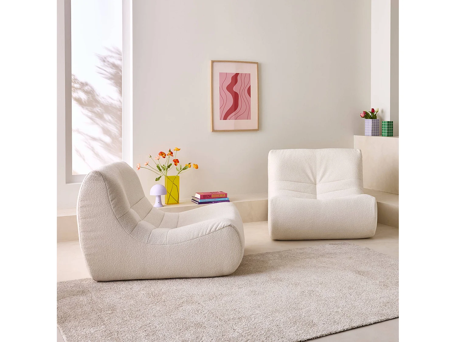 Lot de 2 fauteuils chauffeuses en bouclette texturée blanc style contemporain 1 place