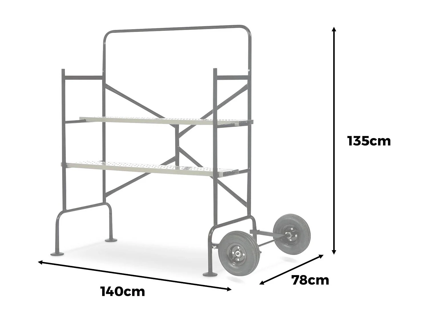 Echafaudage roulant et pliant sur deux niveaux - mobile. 2 roues. L140x l78 x H135cm ouvert. poids supporté 150 kgs