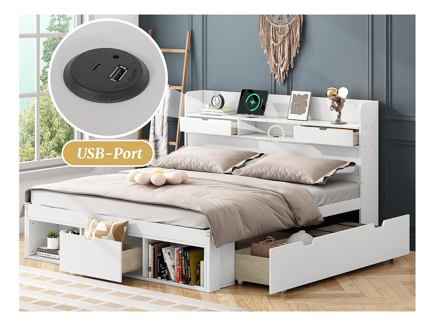 Lit adulte en MDF 140x200 cm - avec port de recharge et rangements multifonctionnels - Blanc