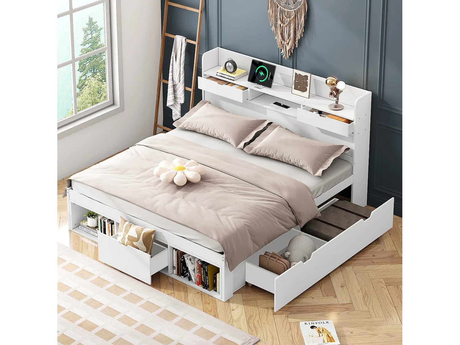 Adult wooden bed 140x200 cm - with charging port and multifunctional storage - White