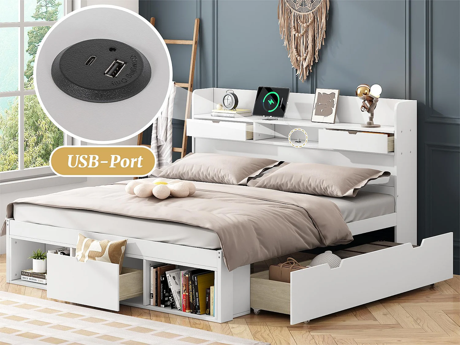 Adult wooden bed 140x200 cm - with charging port and multifunctional storage - White