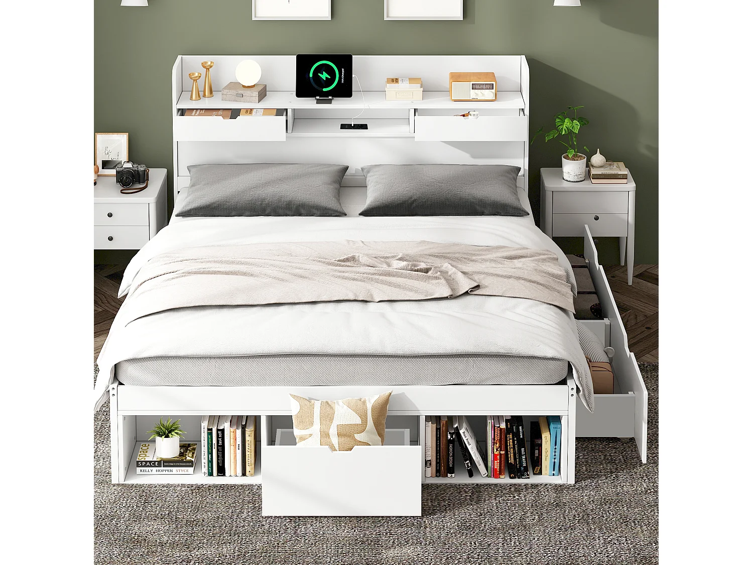 Adult wooden bed 140x200 cm - with charging port and multifunctional storage - White