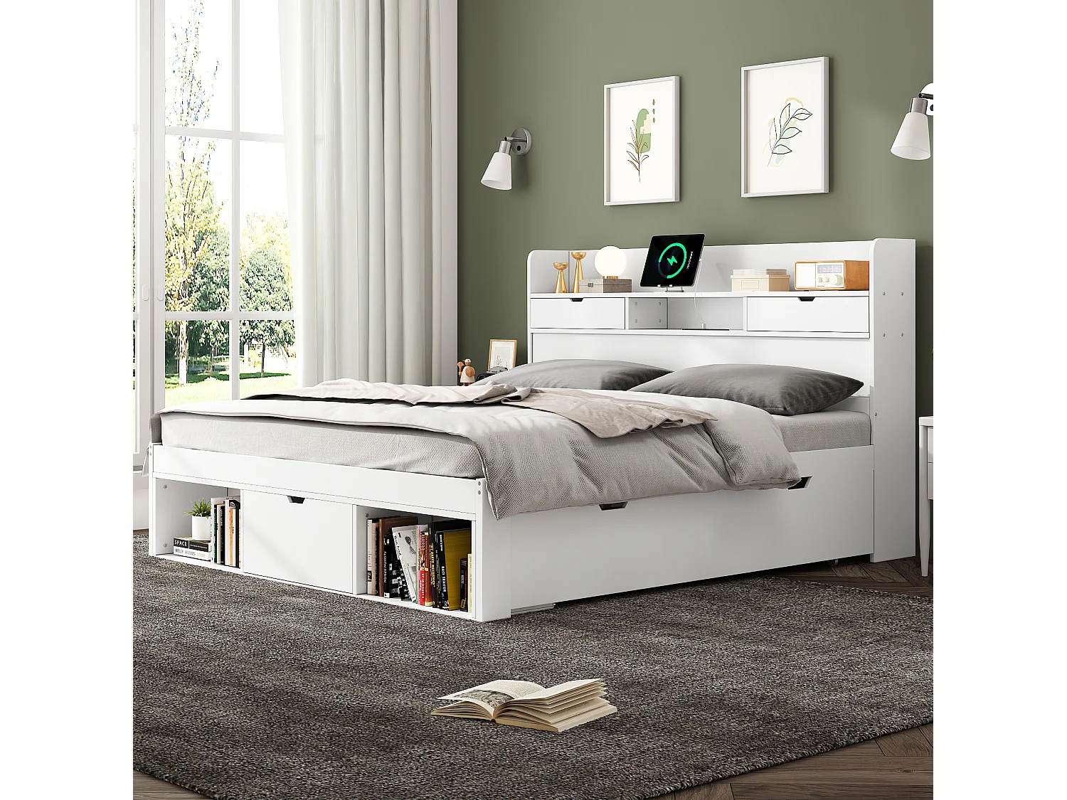 Adult wooden bed 140x200 cm - with charging port and multifunctional storage - White
