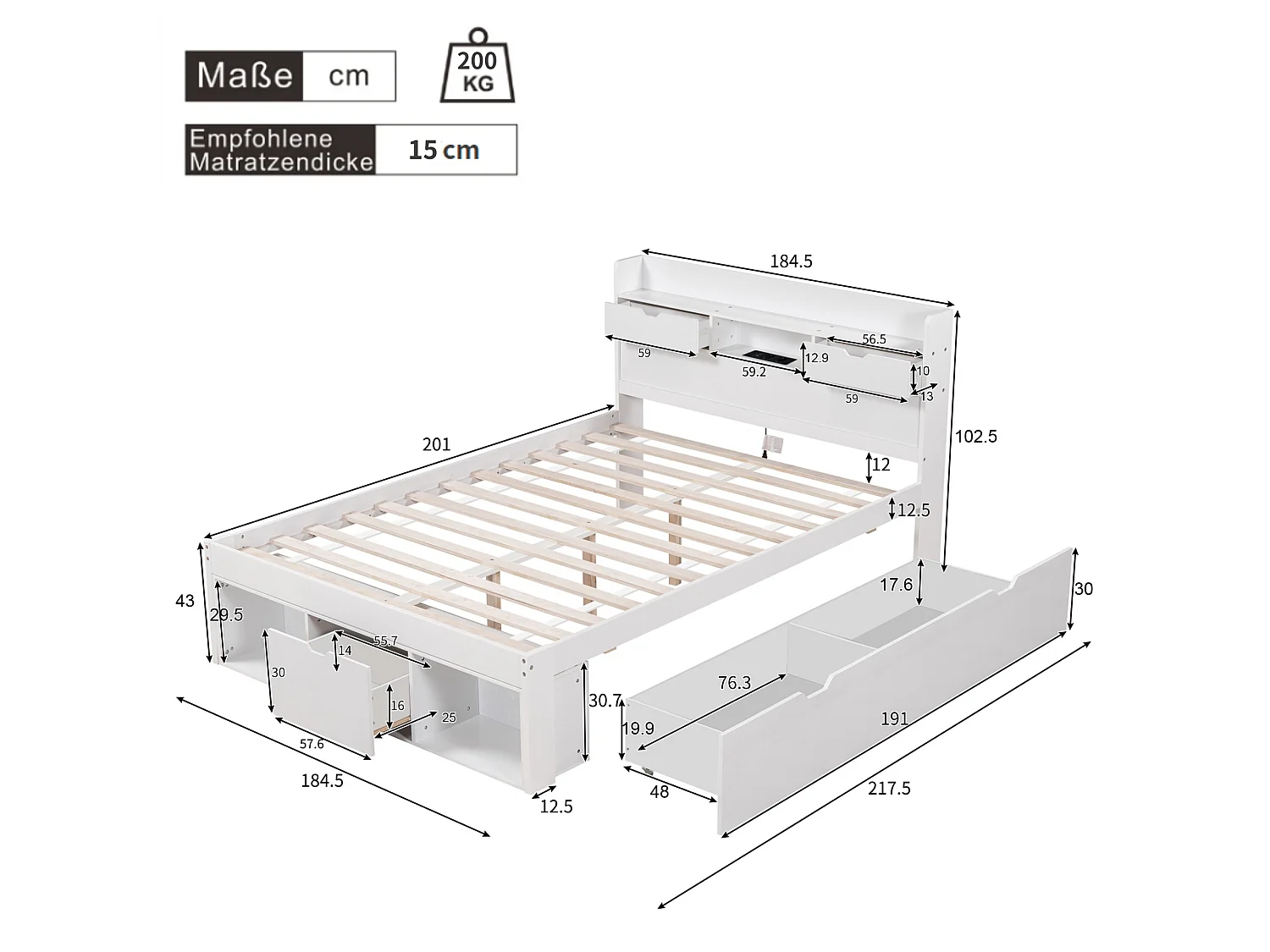 Adult wooden bed 140x200 cm - with charging port and multifunctional storage - White