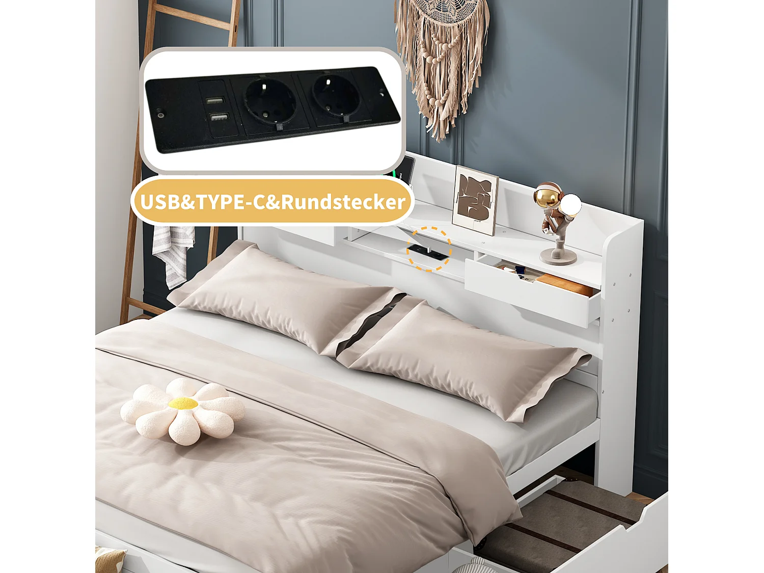 Adult wooden bed 140x200 cm - with charging port and multifunctional storage - White