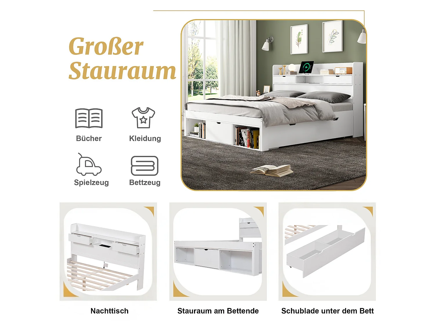 Adult wooden bed 140x200 cm - with charging port and multifunctional storage - White