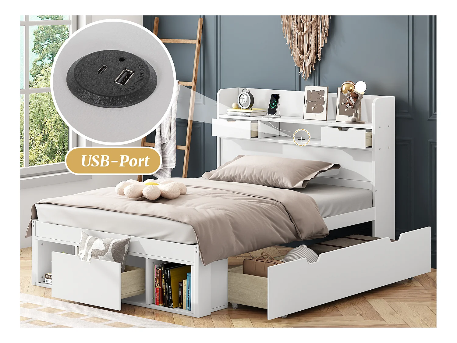 Lit adulte en MDF 90x200 cm - avec port de recharge et rangements multifonctionnels - Blanc