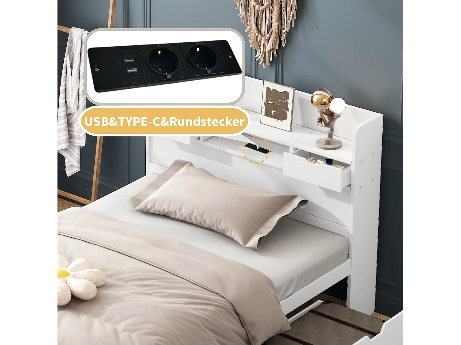 EU5321001AAK Cama para adultos en MDF 90x200 cm - con puerto de carga y almacenamiento multifuncional - Blanco