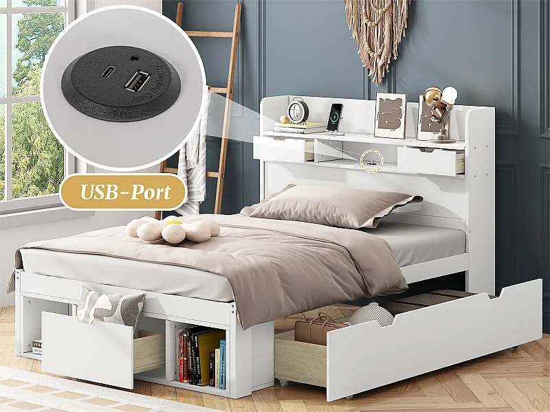 Lit adulte en MDF 90x200 cm - avec port de recharge et rangements multifonctionnels - Blanc