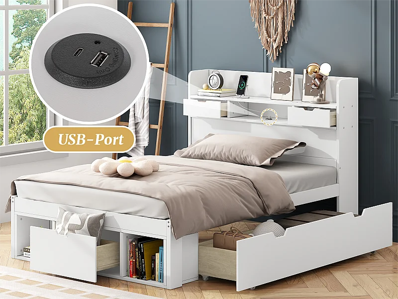 Lit adulte en MDF 90x200 cm - avec port de recharge et rangements multifonctionnels - Blanc