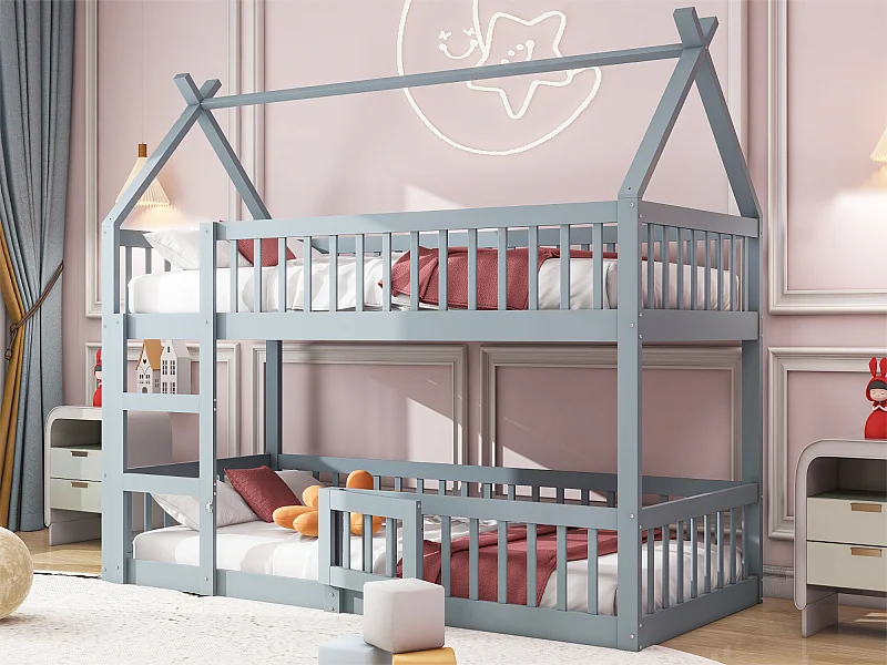 Lit superposé 90x200cm - en bois massif- avec escalier - Gris