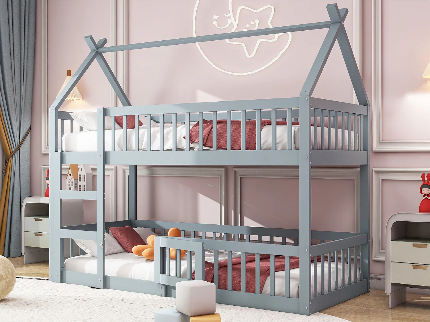 Etagenbett 90x200cm – Massivholz – mit Treppe – Grau