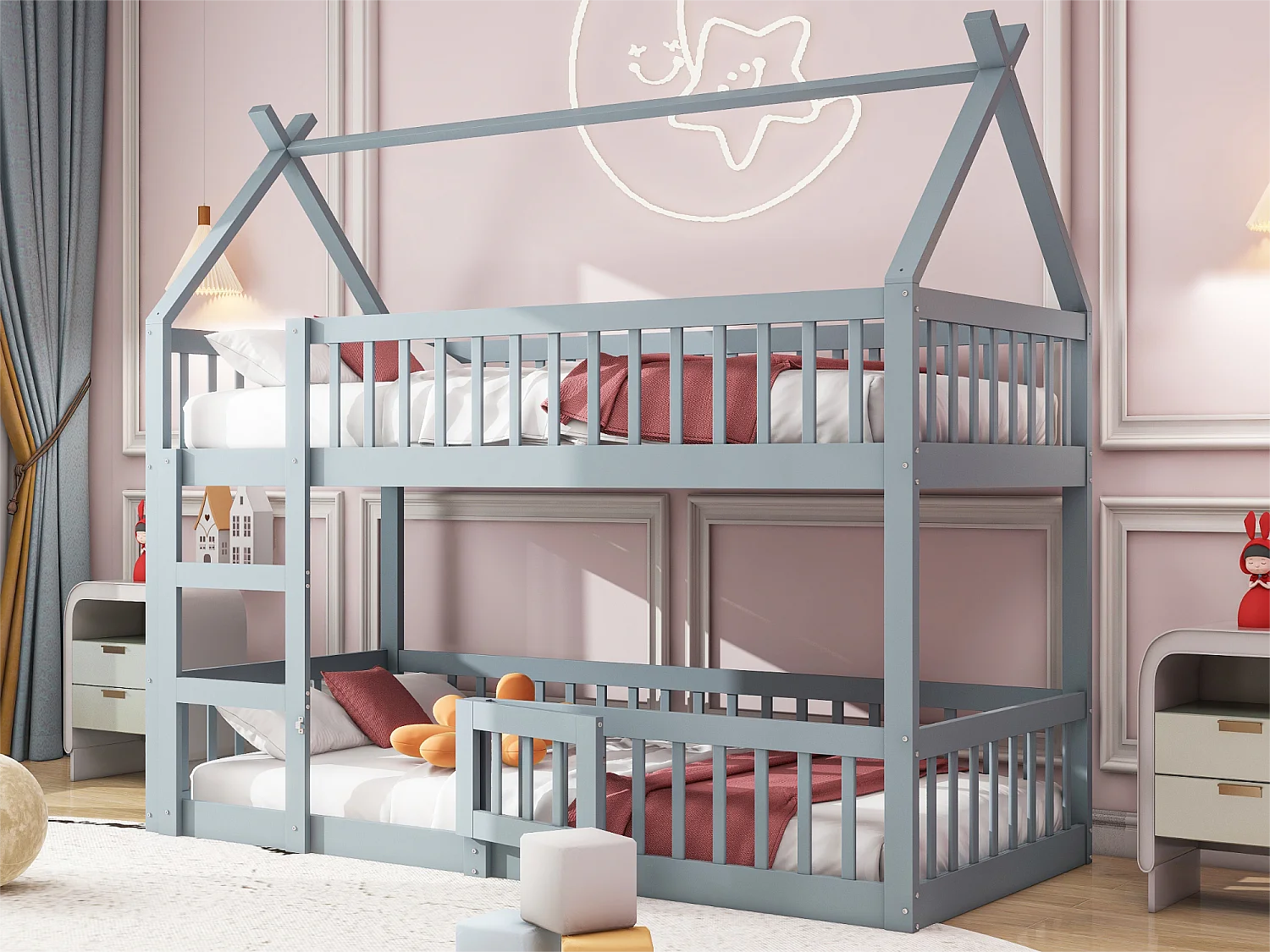 Stapelbed 90x200cm - massief hout - met trap - Grijs