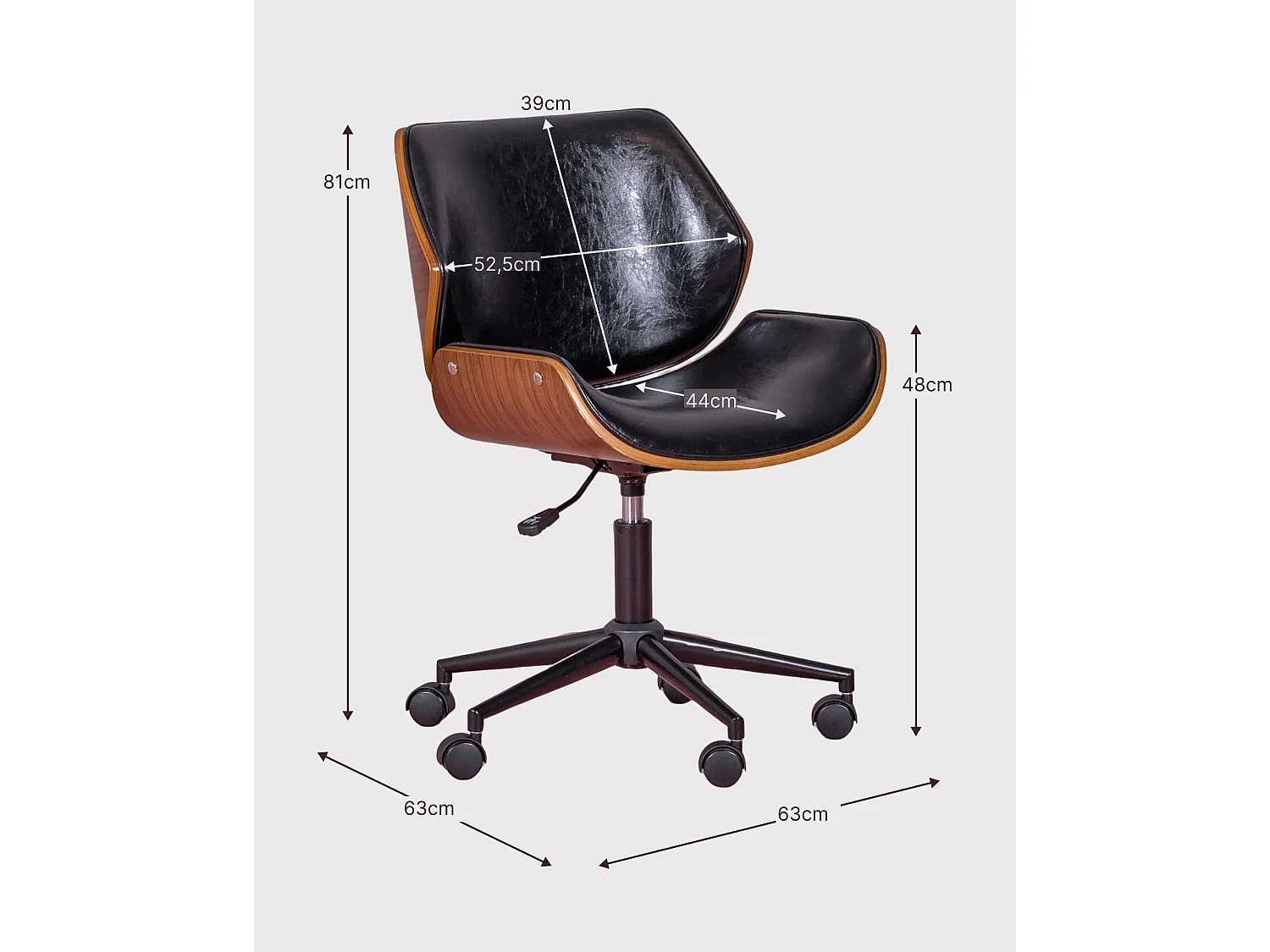 Cadeira de escritório retro em madeira de nogueira e couro sintético - Nordic - Preto