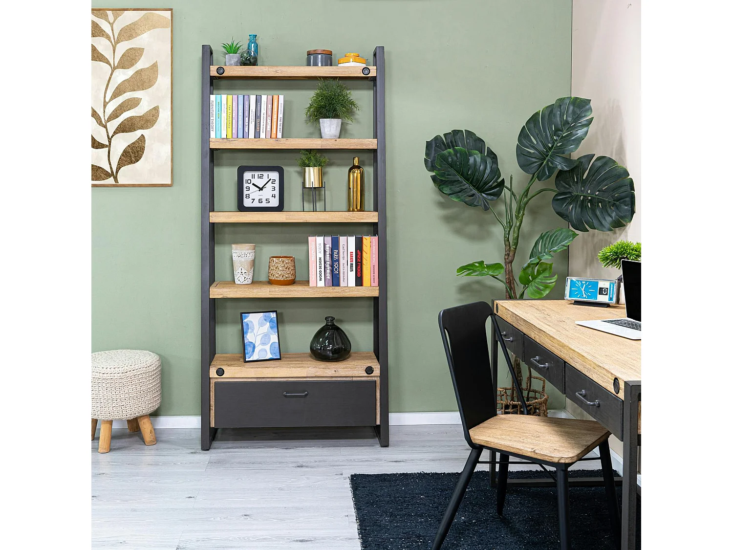 Bibliothèque Etagère Inspiration Indus' en Acacia et Métal, 5 plateaux et 1 tiroir métal 90x35x195cm BROOKLYN