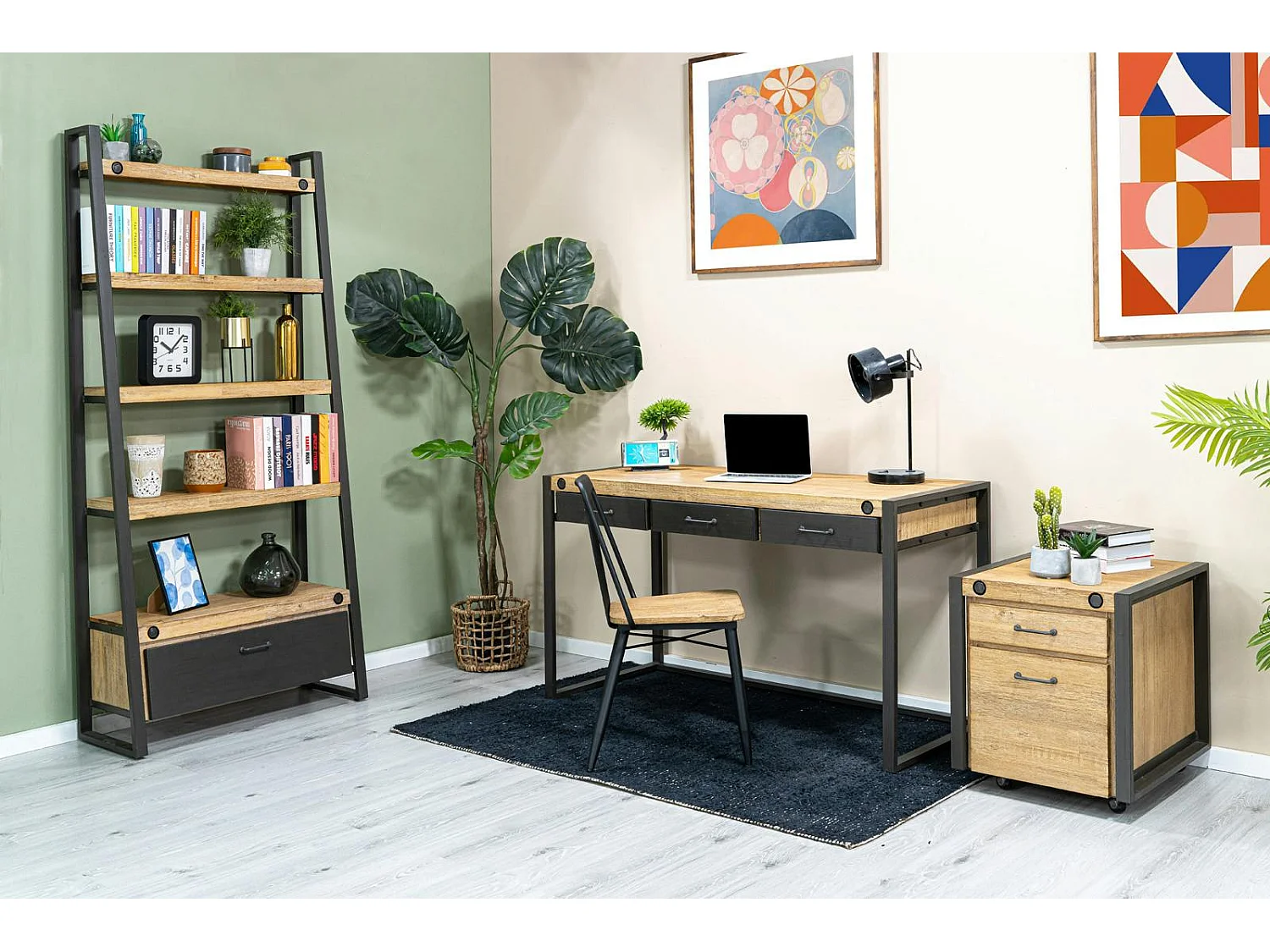 Bibliothèque Etagère Inspiration Indus' en Acacia et Métal, 5 plateaux et 1 tiroir métal 90x35x195cm BROOKLYN