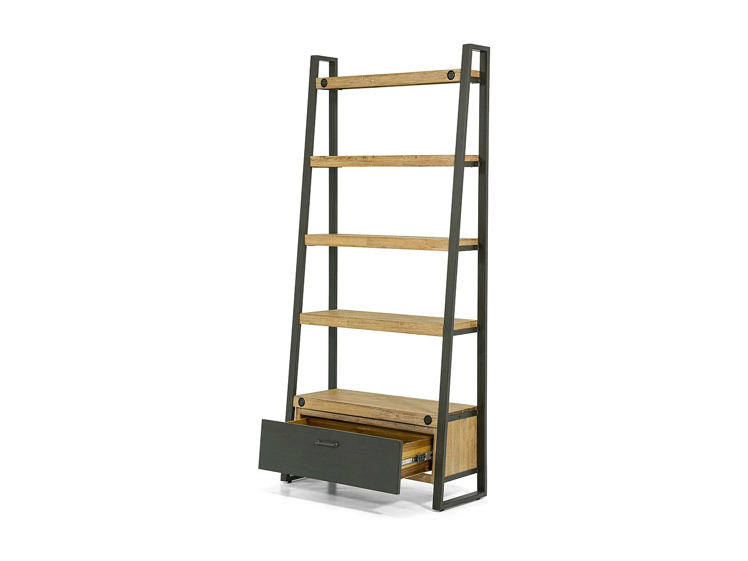 Bibliothèque Etagère Inspiration Indus' en Acacia et Métal, 5 plateaux et 1 tiroir métal 90x35x195cm BROOKLYN