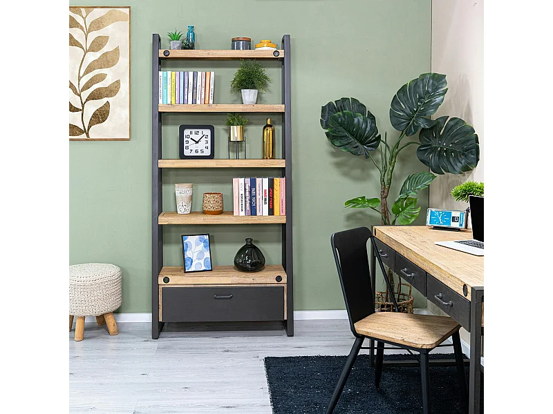 Bibliothèque Etagère Inspiration Indus' en Acacia et Métal, 5 plateaux et 1 tiroir métal 90x35x195cm BROOKLYN