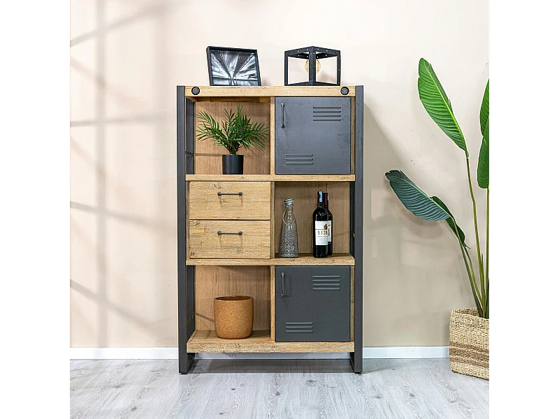 Bibliothèque Inspiration Indus' en Acacia et Métal, 2 portes métal, 2 tiroirs et 3 niches 90x35x140cm BROOKLYN