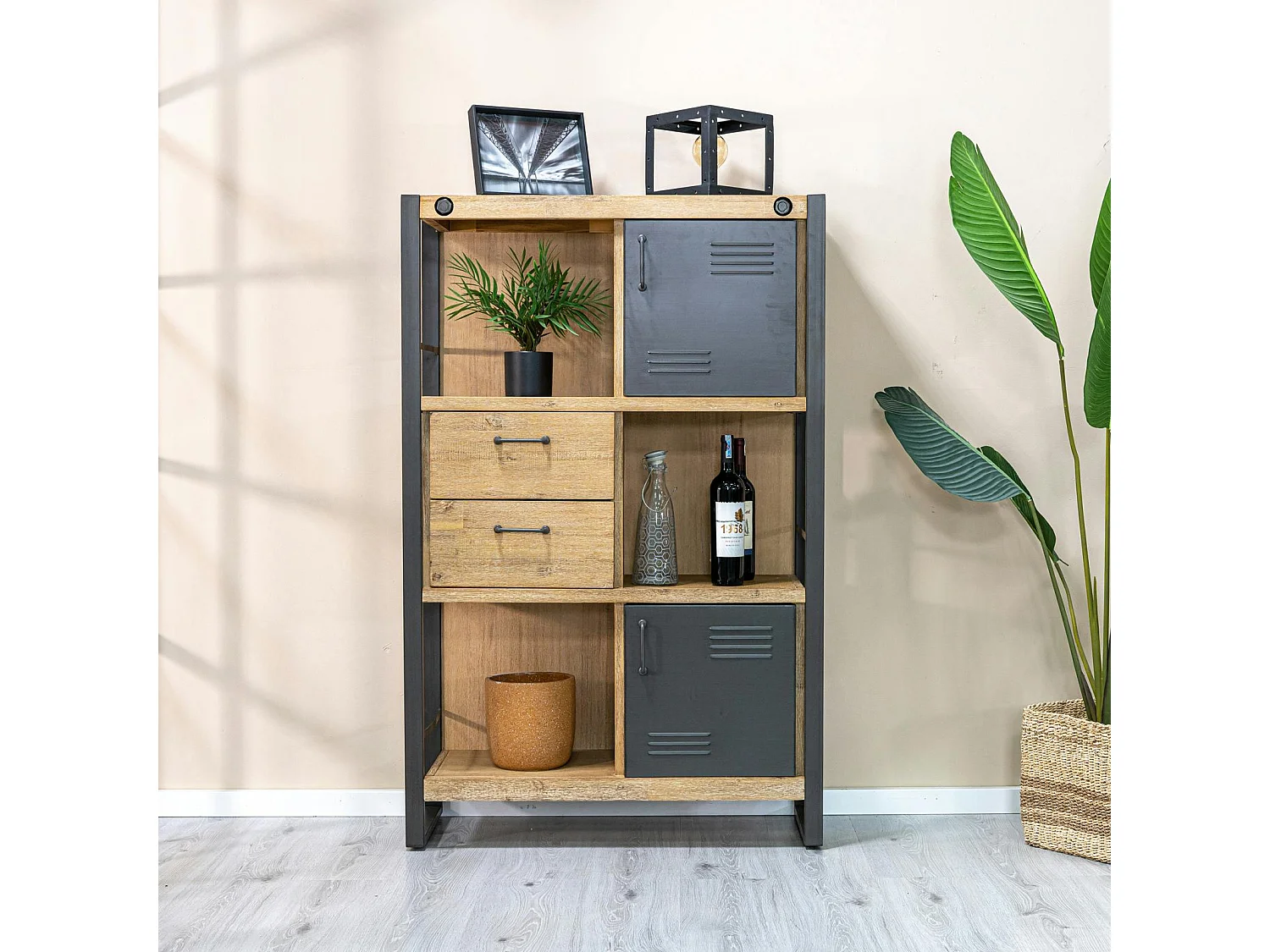 Bibliothèque Inspiration Indus' en Acacia et Métal, 2 portes métal, 2 tiroirs et 3 niches 90x35x140cm BROOKLYN