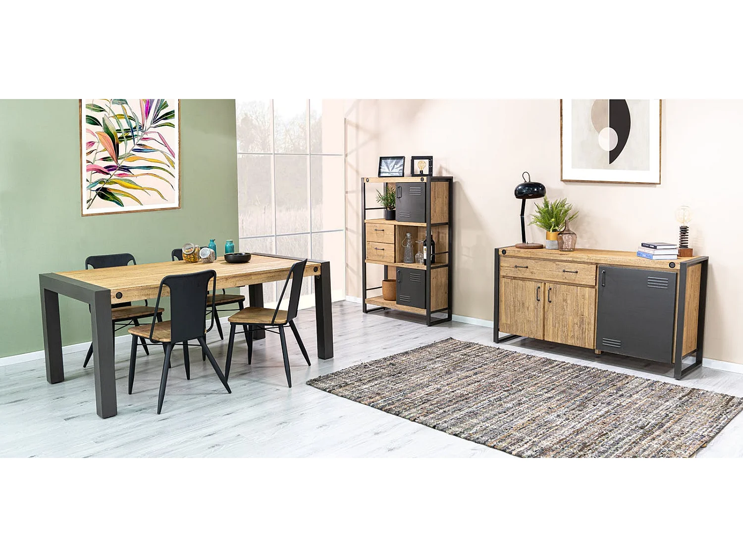 Bibliothèque Inspiration Indus' en Acacia et Métal, 2 portes métal, 2 tiroirs et 3 niches 90x35x140cm BROOKLYN