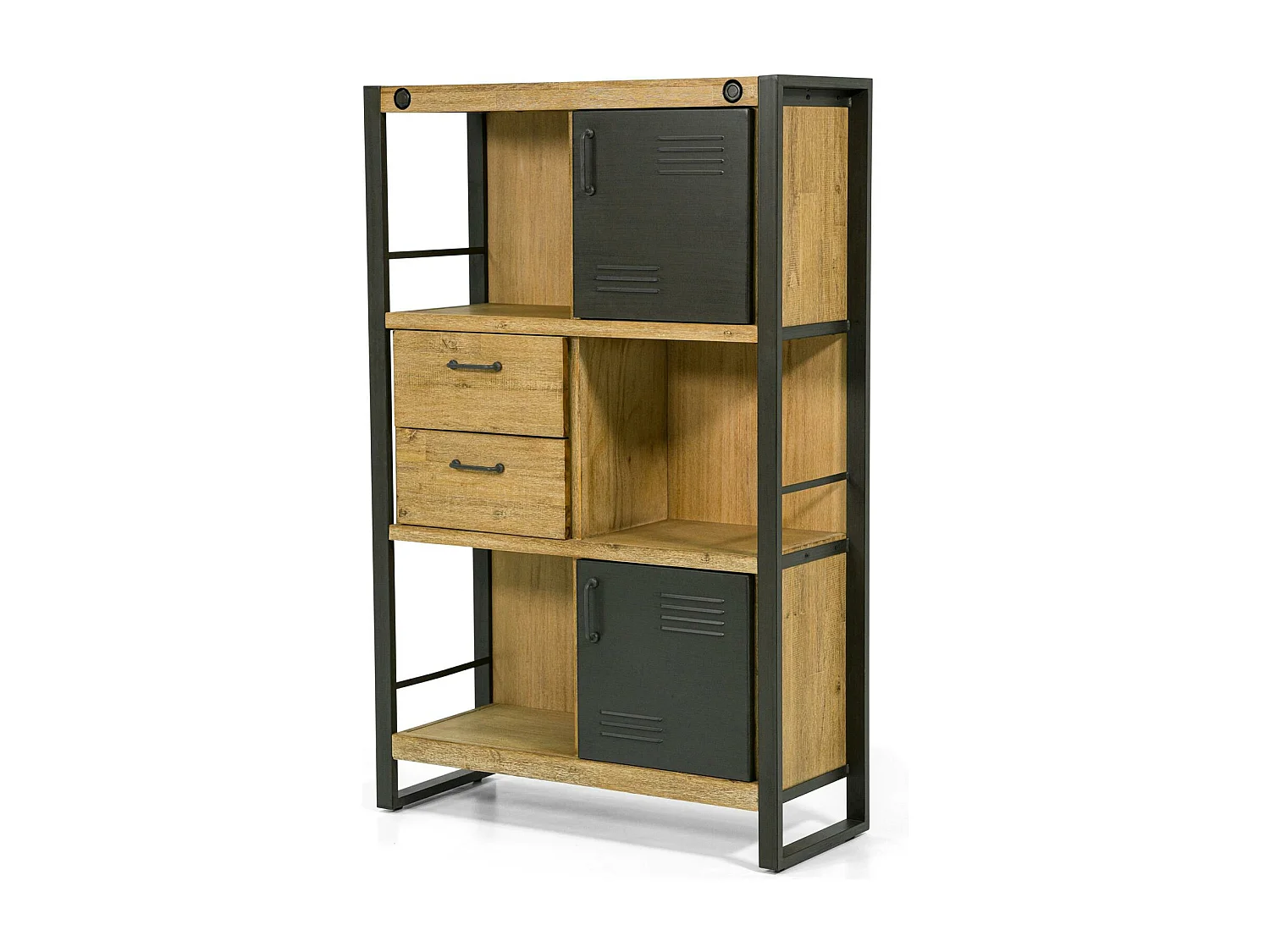 Bibliothèque Inspiration Indus' en Acacia et Métal, 2 portes métal, 2 tiroirs et 3 niches 90x35x140cm BROOKLYN