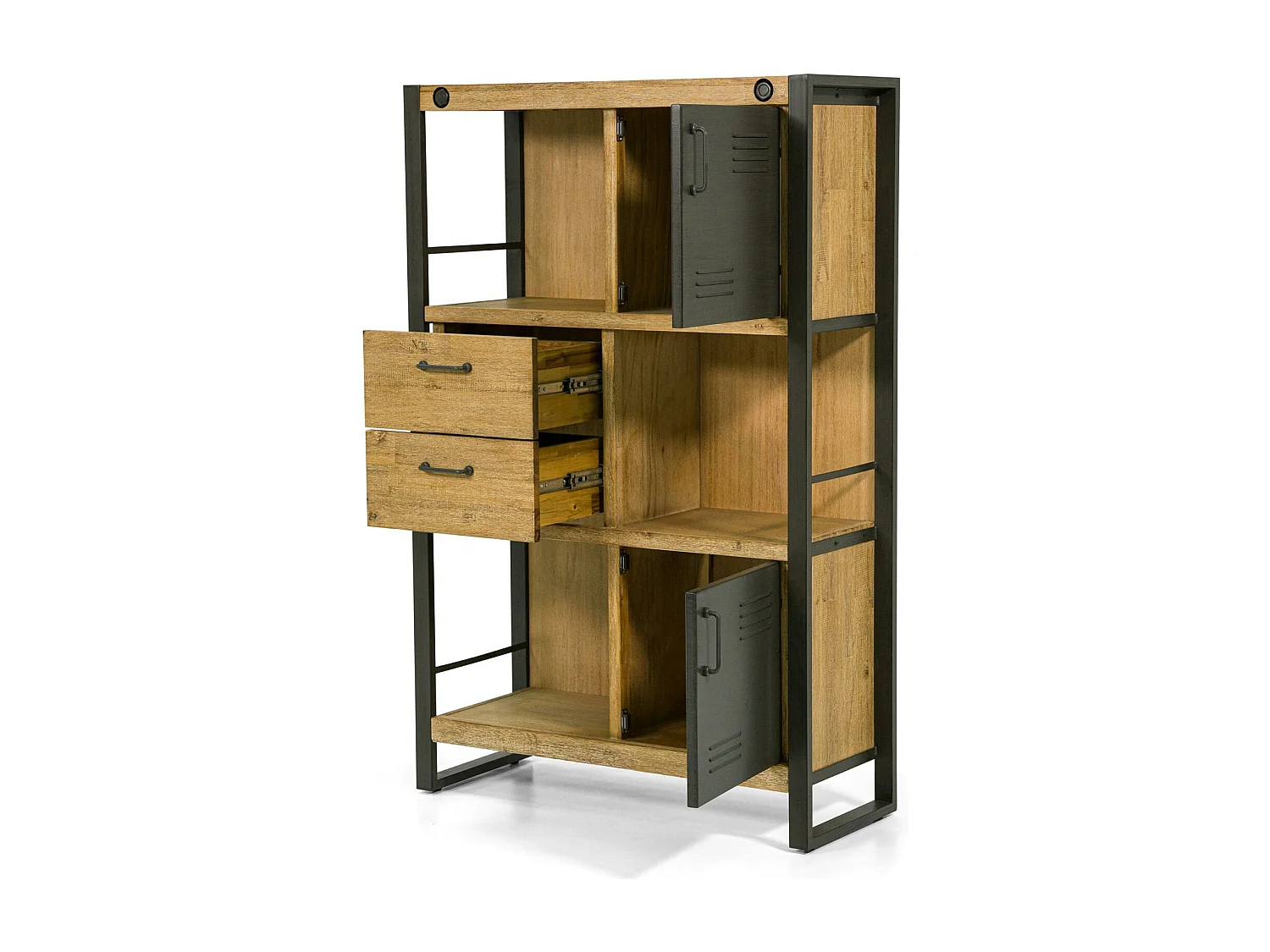 Bibliothèque Inspiration Indus' en Acacia et Métal, 2 portes métal, 2 tiroirs et 3 niches 90x35x140cm BROOKLYN