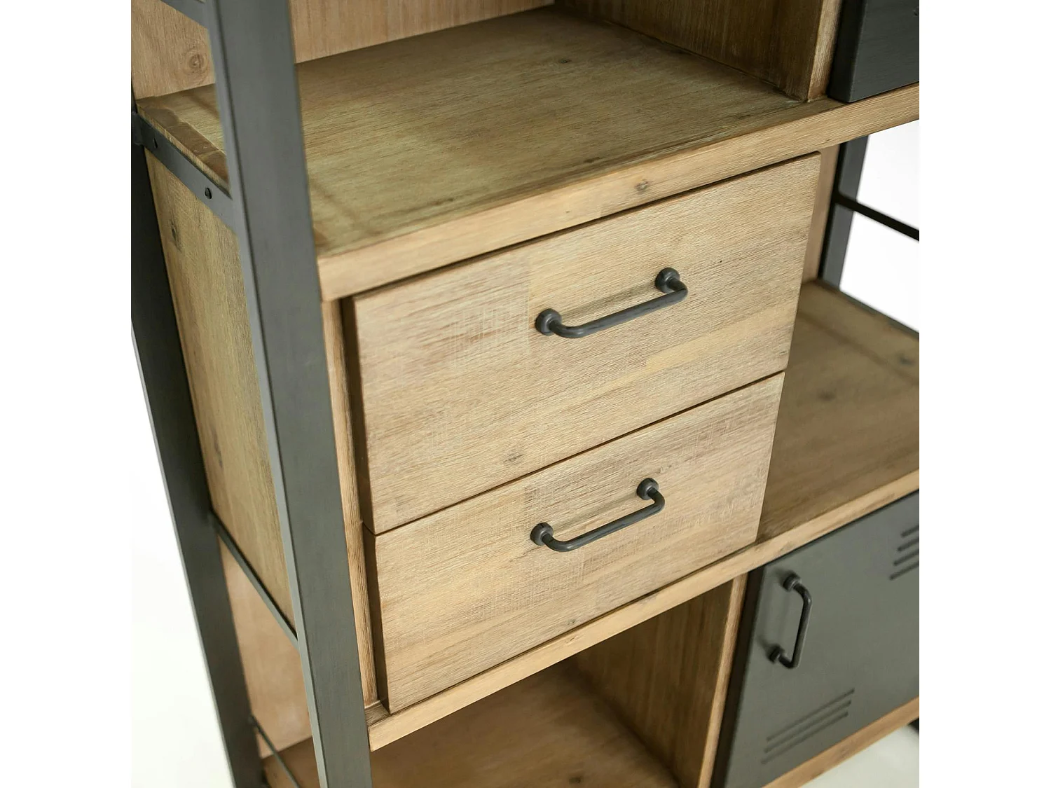 Bibliothèque Inspiration Indus' en Acacia et Métal, 2 portes métal, 2 tiroirs et 3 niches 90x35x140cm BROOKLYN