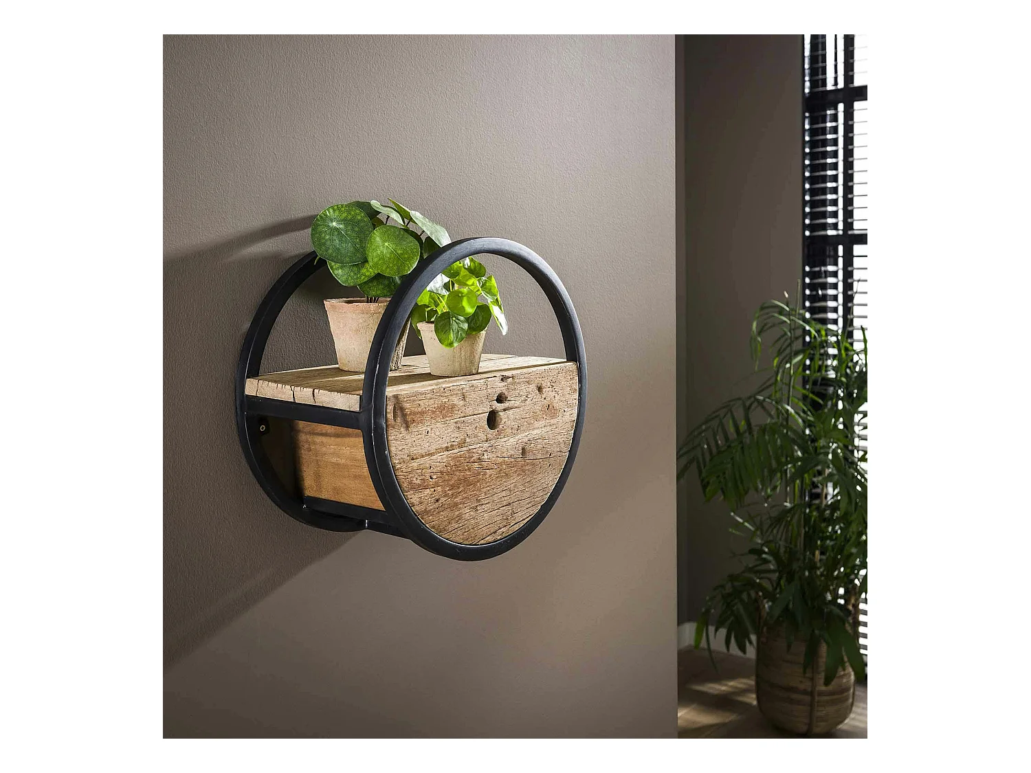 Etagère murale ronde bois recyclé brut 1 tiroir D40 cm CYCLADES
