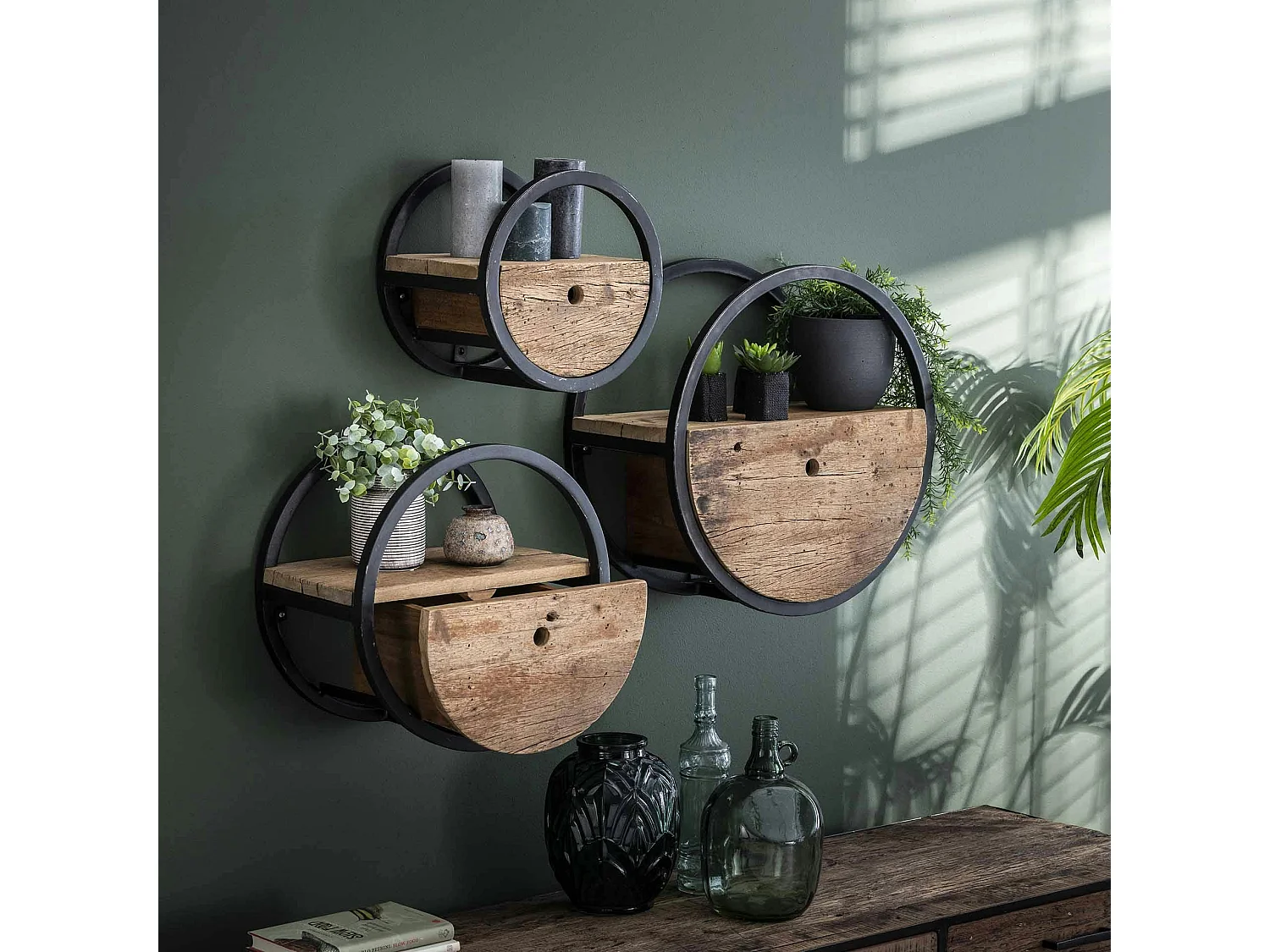 Etagère murale ronde bois recyclé brut 1 tiroir D40 cm CYCLADES