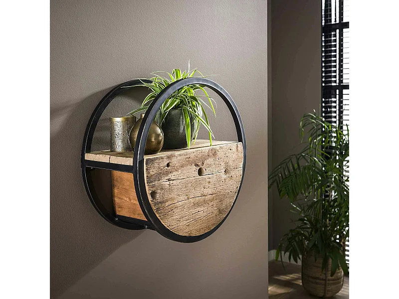 Etagère murale ronde bois recyclé brut 1 tiroir D50 cm CYCLADES