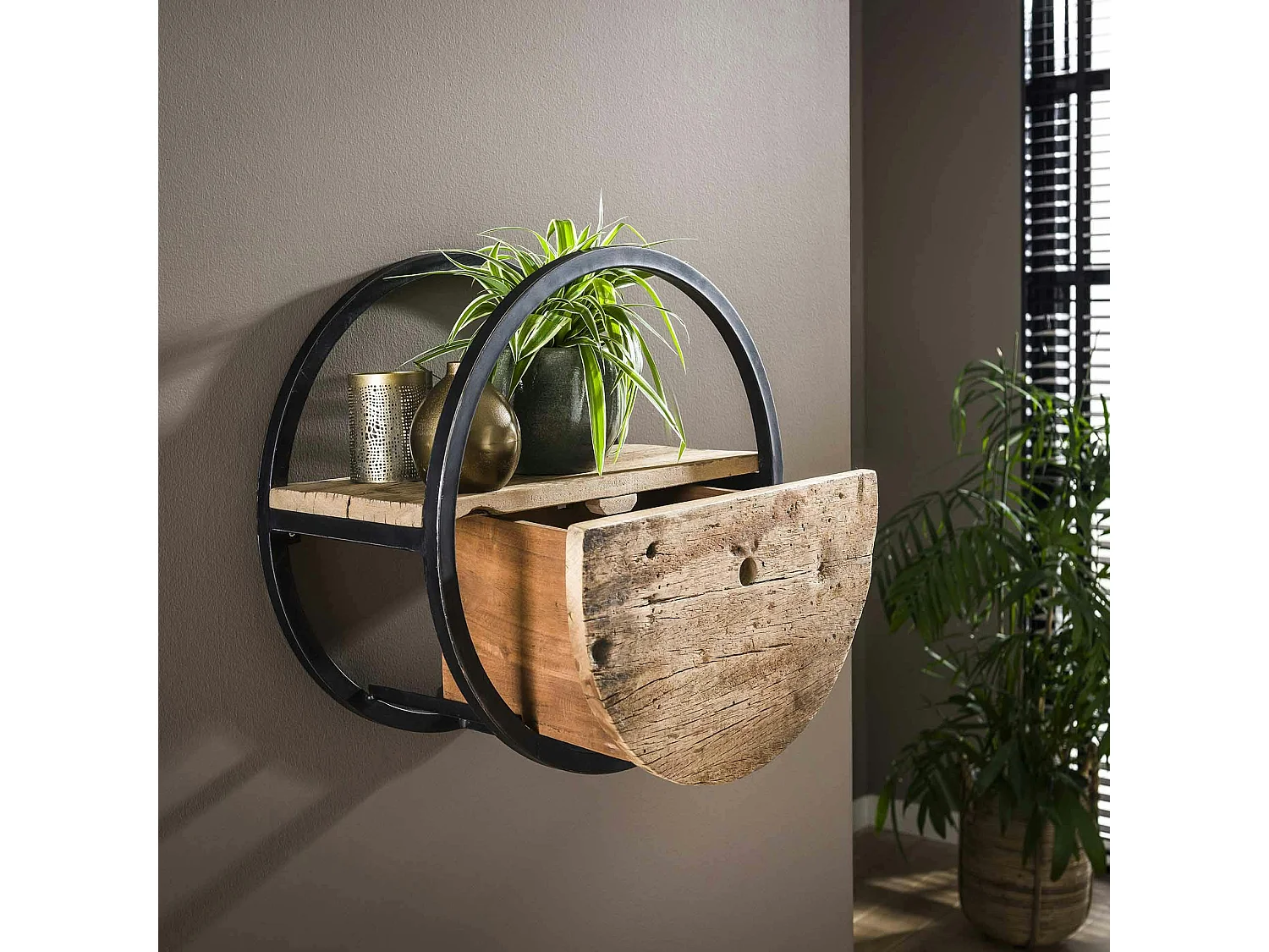 Etagère murale ronde bois recyclé brut 1 tiroir D50 cm CYCLADES