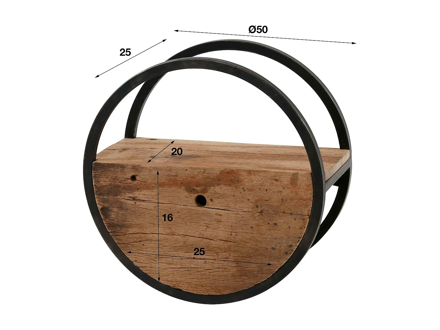 Etagère murale ronde bois recyclé brut 1 tiroir D50 cm CYCLADES