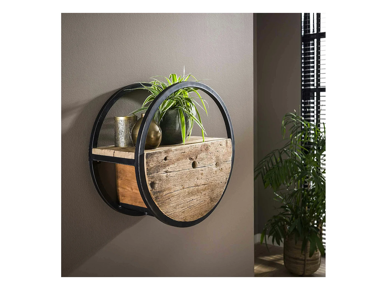 Etagère murale ronde bois recyclé brut 1 tiroir D50 cm CYCLADES
