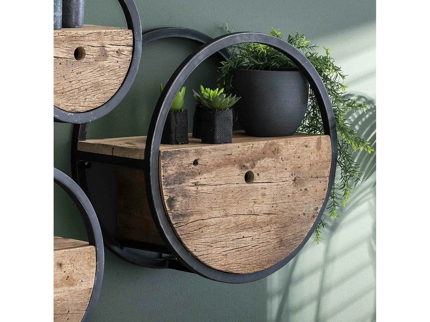 Etagère murale ronde bois recyclé brut 1 tiroir D50 cm CYCLADES