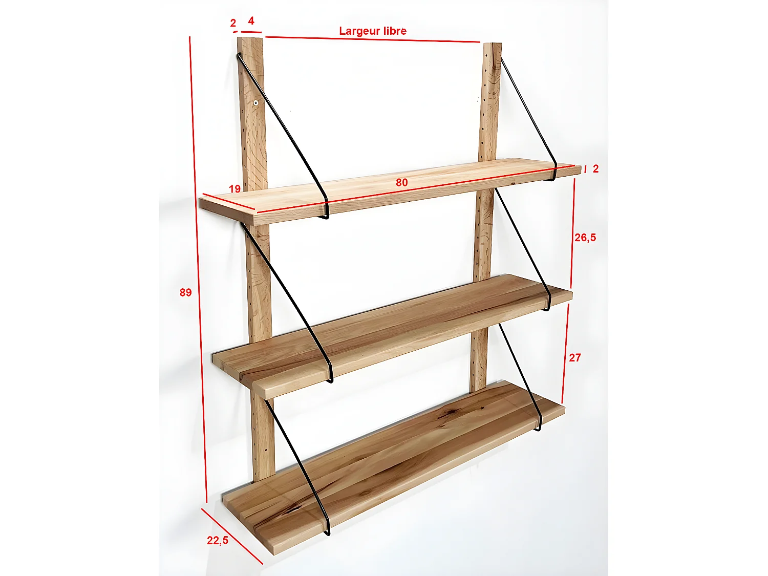 Etagère murale bois massif 3 plateaux (bois blanc) PALERME
