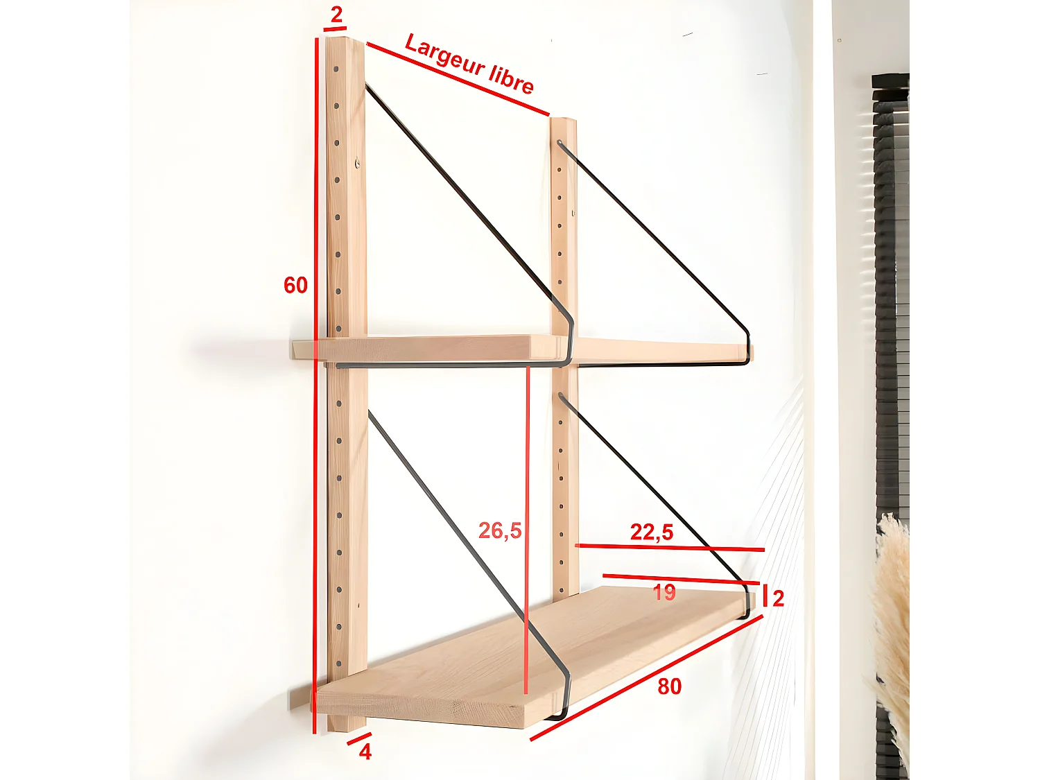 Etagère murale bois massif 2 plateaux (bois blanc) PALERME