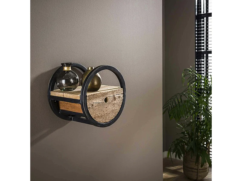 Etagère murale ronde bois recyclé brut 1 tiroir D30 cm CYCLADES