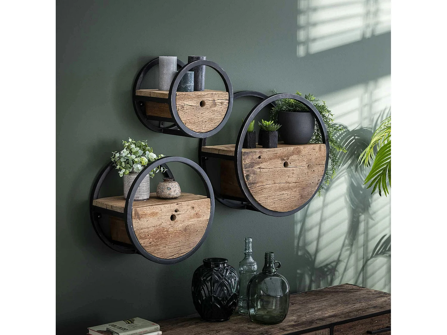 Etagère murale ronde bois recyclé brut 1 tiroir D30 cm CYCLADES