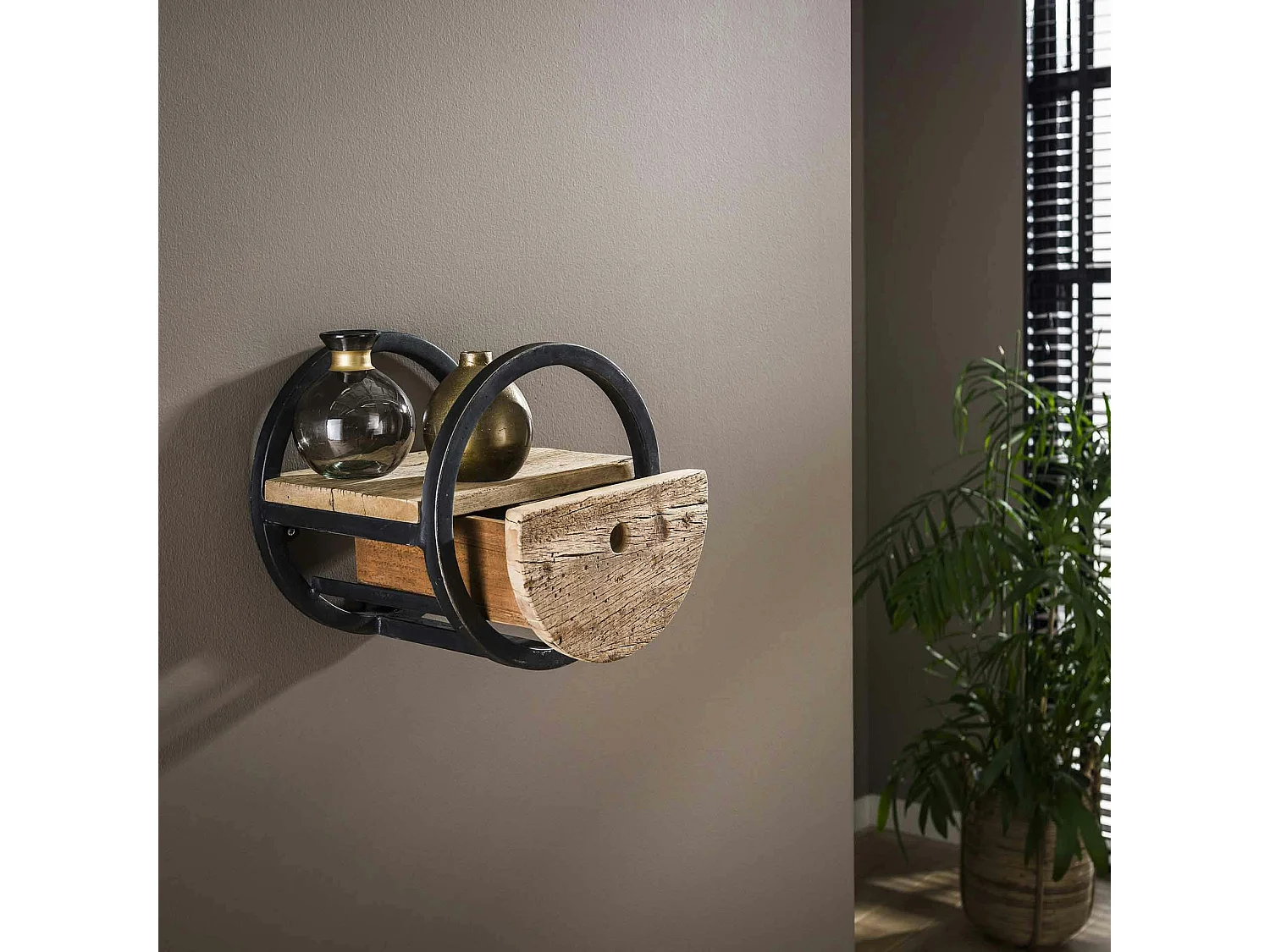 Etagère murale ronde bois recyclé brut 1 tiroir D30 cm CYCLADES