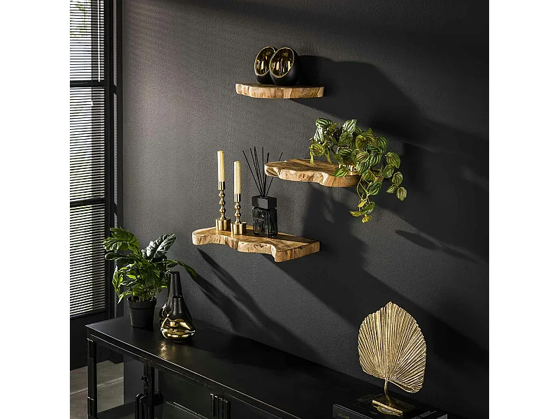 Etagères murales en teck recyclé avec bords naturels (lot de 3)