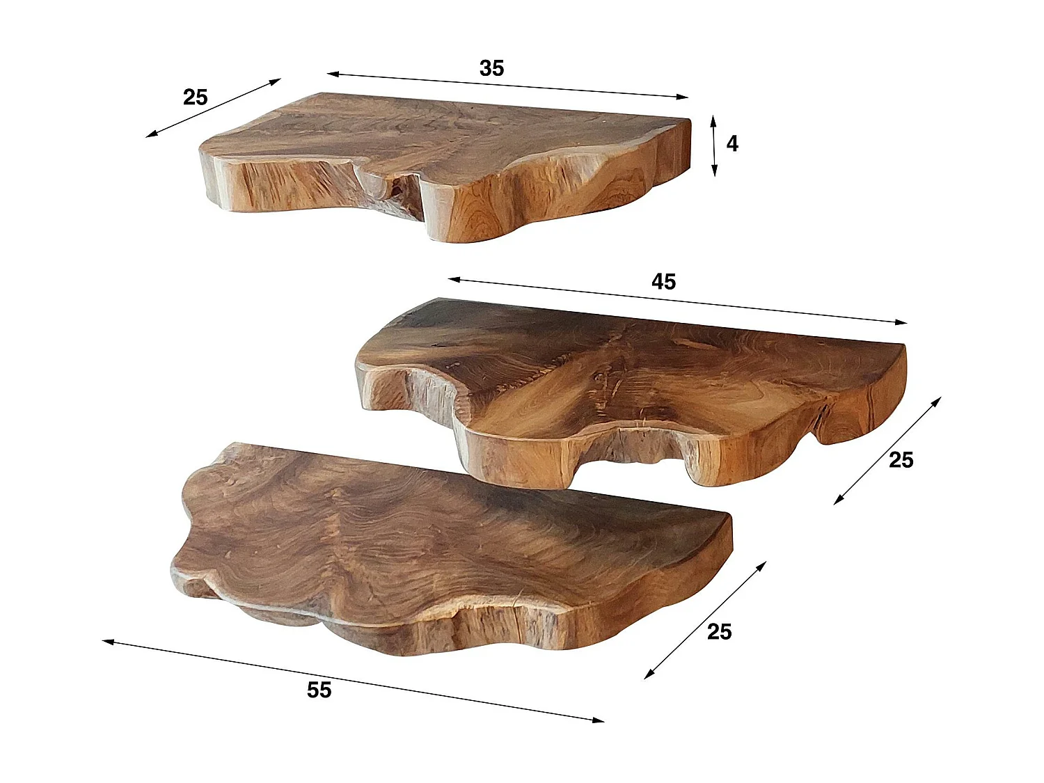 Etagères murales en teck recyclé avec bords naturels (lot de 3)