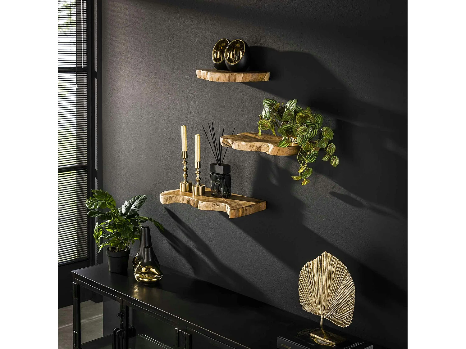 Etagères murales en teck recyclé avec bords naturels (lot de 3)